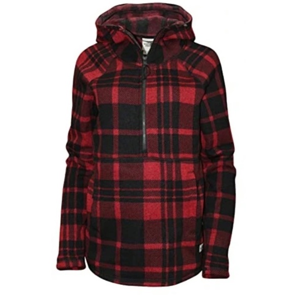 The North Face Tops - The North Face Red Plaid Fleece Half Zip Hoodie Size Large